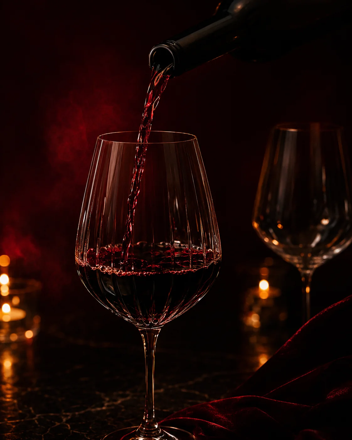Vinho tinto sendo servido em uma taça de cristal no Baile do Rubi.