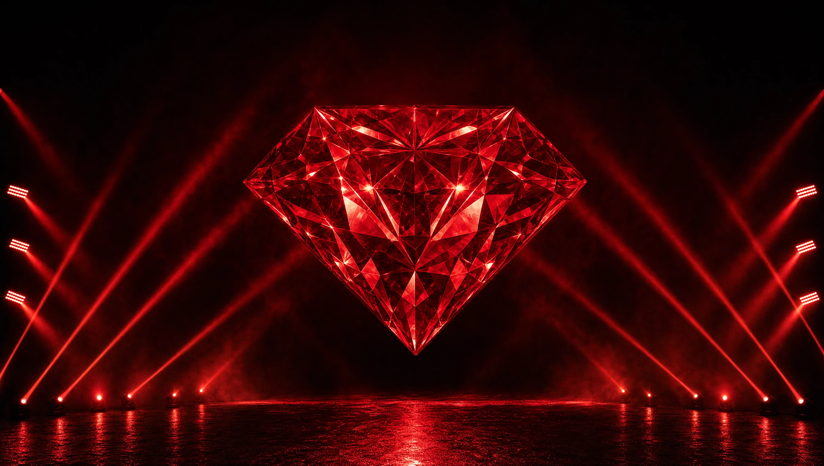 Rubi facetado gigante iluminado por feixes de luz vermelha no palco do Baile do Rubi